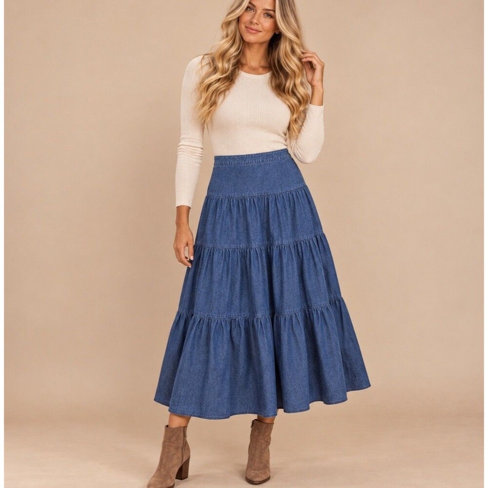Kate Spade New York Chambray Tiered Midi Skirt Blue Cotton Large